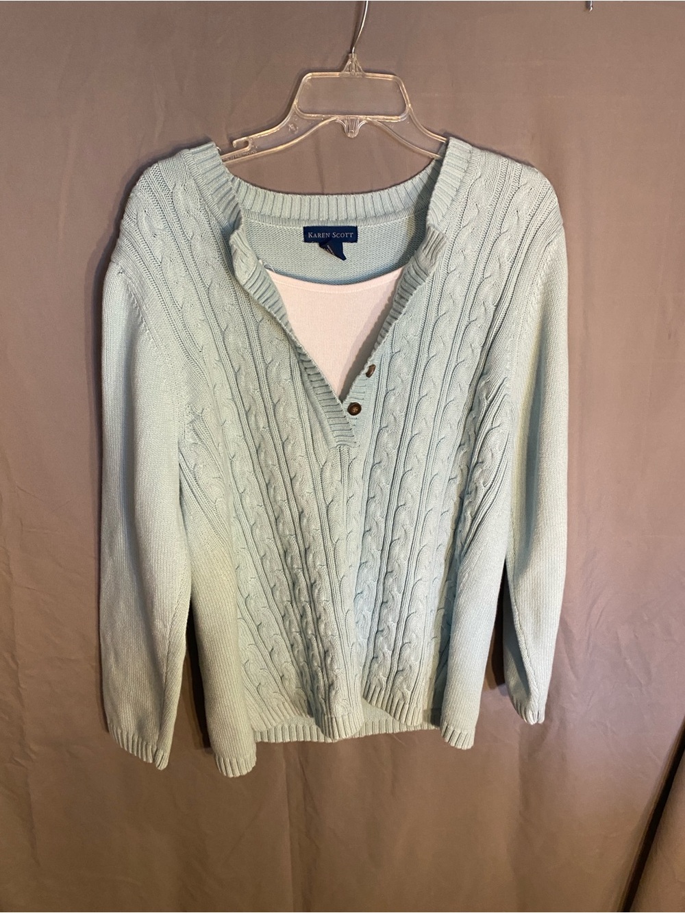 Karen Scott Light Mint Cable-Knit V-Neck Sweater with Button Placket